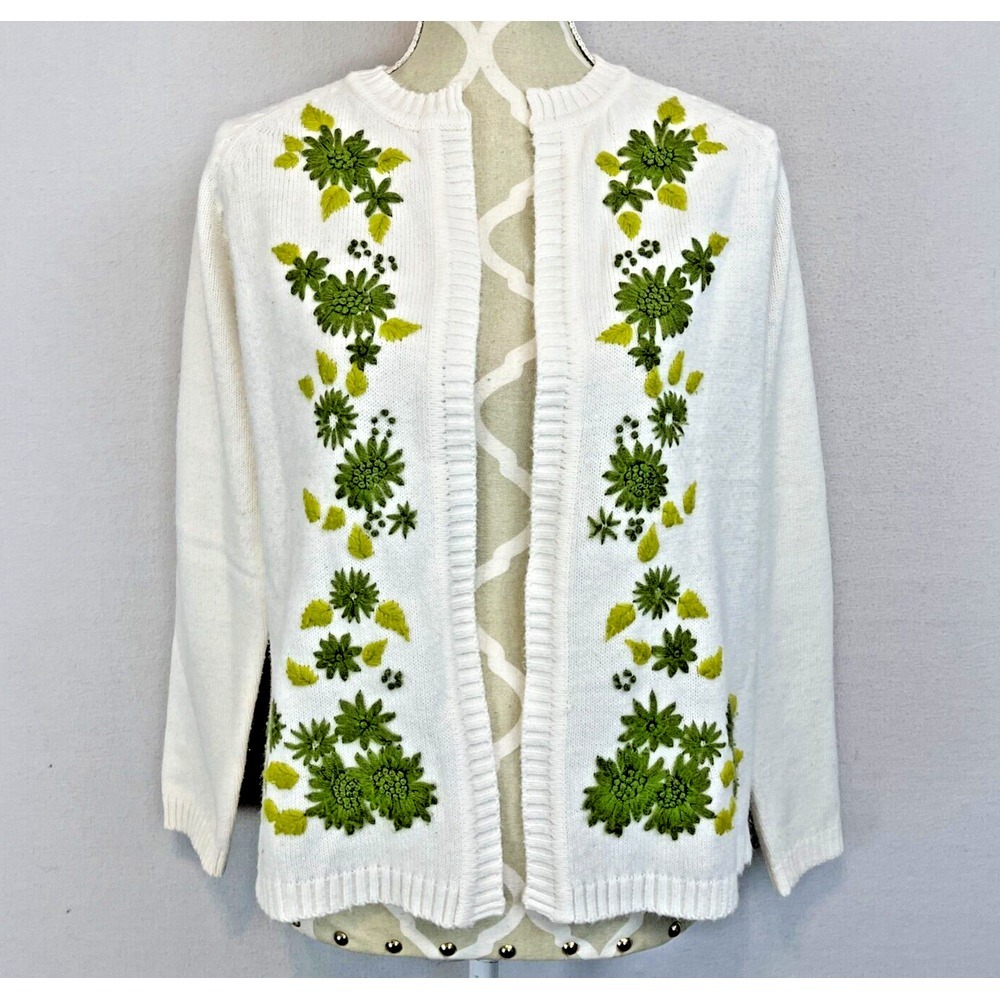 Vintage‎ Embroidered White Green Floral Open Front Cardigan Size M L